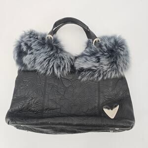 Galaday Removeable Fur Detail Crinkle Leather Handbag Shoulder Purse Tote Black